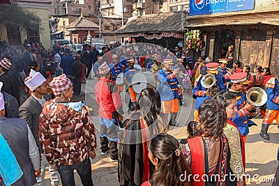 People on a procession for a Hindu sacrifice at Bhaktapur in Nepal Editorial Stock Photo