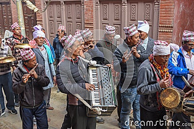 People on a procession for a Hindu sacrifice at Bhaktapur in Nepal Editorial Stock Photo