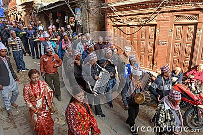 People on a procession for a Hindu sacrifice at Bhaktapur in Nepal Editorial Stock Photo