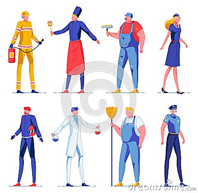 People in Professional Uniform with Supplies. Vector Illustration