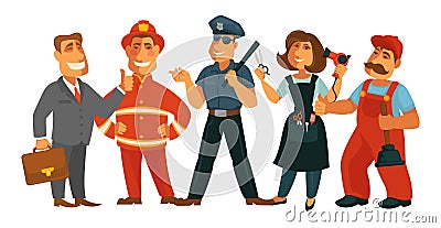 People professions fireman, policeman, businessman and hairdresser vector flat isolated set Vector Illustration