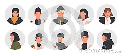 People profile round userpic set, young man woman user heads, male and female faces Vector Illustration