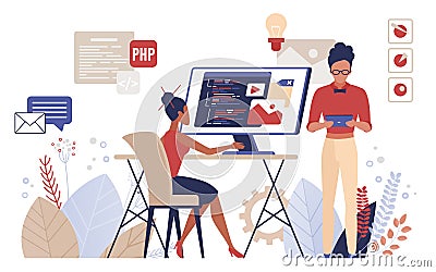 People programming vector illustration, cartoon flat man woman programmer developers work, coder characters create Vector Illustration