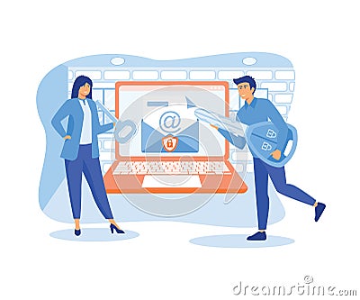 People protecting computer data, Email encryption concept. Vector Illustration