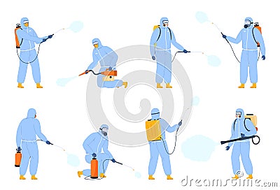 People protective overalls disinfectant spraying poison from pests set vector flat illustration Vector Illustration