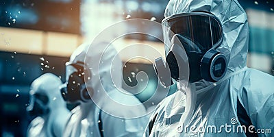 People in protective suits and masks at security measures. Generative AI Stock Photo