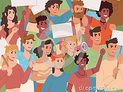 People protest, angry crowd holding banners Vector Illustration