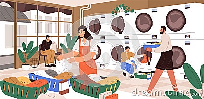 People at public launderette. Self-service laundromat with washing and drying machines. Modern industrial laundry shop Vector Illustration