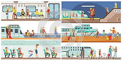 People in public transport set, passengers of the underground, airplane, cruise ship vector Illustrations Vector Illustration