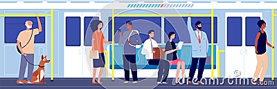 People in public transport. Subway train travel, crowd in urban metro. Overcrowded carriage, modern city transportation Vector Illustration