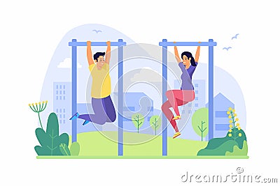 People pull up on horizontal bar. Teenagers warm up on bar in outdoor Vector Illustration