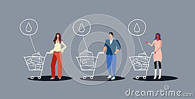 People pushing trolley carts with plastic bottles customers buying fresh mineral water shopping concept sketch doodle Vector Illustration