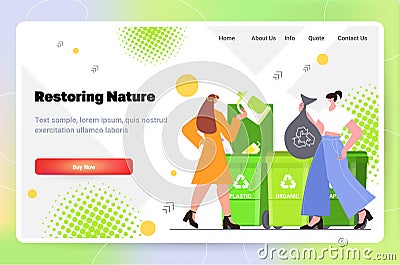 people putting garbage bags in different types of recycling bins segregate waste sorting management cleaning service Vector Illustration