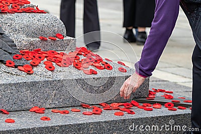 People putting poppy flowers on Tomb of the Unknown Soldier in Ottawa, Canada on Remembrance Day. Editorial Stock Photo