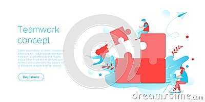 People putting puzzle together as business teamwork concept. Parthenrship or collaboration idea for corporate team building. Vector Illustration