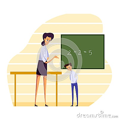 People in quarrel vector illustration, cartoon flat angry school teacher character publicly scolding student or pupil Vector Illustration