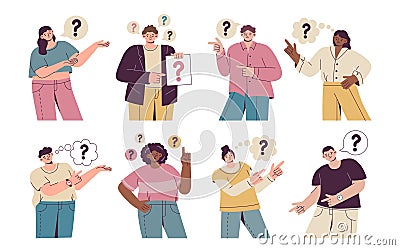 People questions. Man and woman ask about problem. Confused character portraits. Speech bubble with interrogation marks Vector Illustration