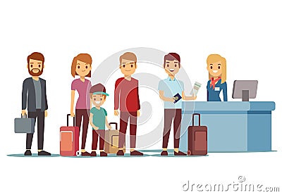 People queue in airport at registration desk. Vacation and travel vector concept Vector Illustration