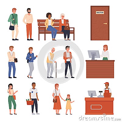 People queue. Different ages and nationalities customers standing waiting, men and women line up string, persons sitting Vector Illustration