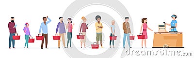 People queue. Man and woman standing waiting in long line row. Crowded queue in grocery store concept Vector Illustration