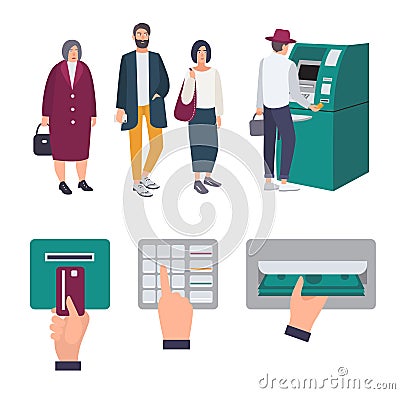 People queue near ATM. Operations Insert credit card, enter pin code, receiving money. Set of colorful images in flat Vector Illustration