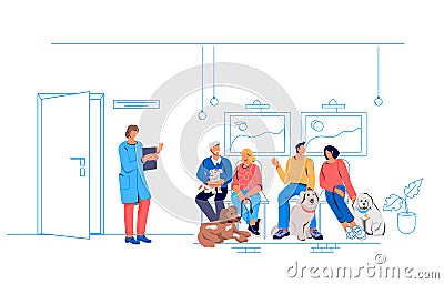 People in queue to veterinarian in veterinary office, vector isolated Cartoon Illustration