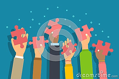 People raised arms holding jigsaw puzzle pieces. People give puzzle piece in palm hand. Concept of cooperate, collaborate. Vector Vector Illustration