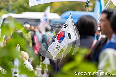 People rally in the street in support of Korea USA alliance in Seoul South Korea Editorial Stock Photo