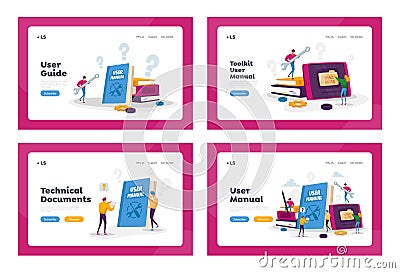 People Read Book with Instructions User Manual Landing Page Template Set. Characters Discussing Content of Guide Vector Illustration