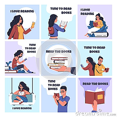 People reading books. Cartoon young men and women enjoying of imaginative literature. Collection of posters with happy readers. Vector Illustration