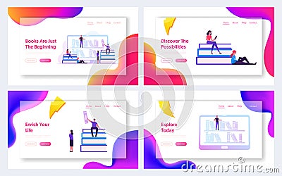 People Reading Books in Online Library Landing Page. Male and Female Characters Students Using Mobile Application Vector Illustration