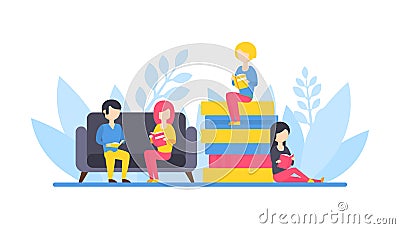 People Reading Books, Tiny Girl Sitting on Pile of Books, Students Relaxing and Reading Together Flat Vector Vector Illustration