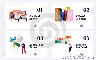 People Reading Hobby, Gaining Knowledge Landing Page Template Set. Tiny Characters on Huge Book Shelf, Students Vector Illustration