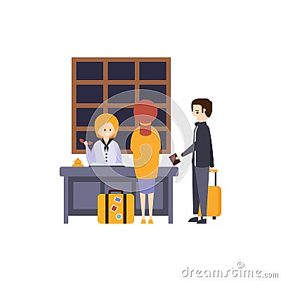 People At The Reception Desk Checking In Hotel Themed Primitive Cartoon Illustration Vector Illustration