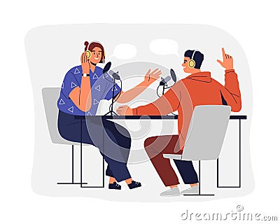People recording podcast. Man and woman in headphones talking and interviewing for radio broadcast. Online audio Vector Illustration