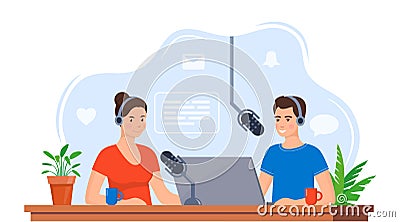 People recording podcast in studio. Radio host interviewing guest on radio station. Man and woman in headphones talking. Cartoon Illustration