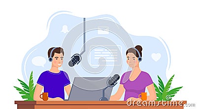 People recording podcast in studio. Radio host interviewing guest on radio station. Man and woman in headphones talking. Cartoon Illustration