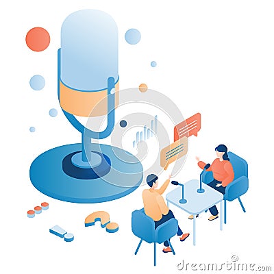 People recording talk podcast in studio, vector isometric illustration. Interview, live talk, radio program. Podcasting. Vector Illustration