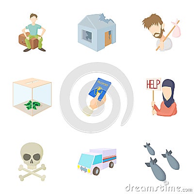 People refugees icons set, cartoon style Vector Illustration