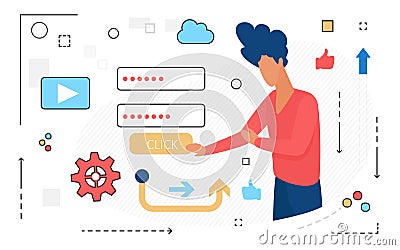 People register online, account security, user character using secure login and password Vector Illustration