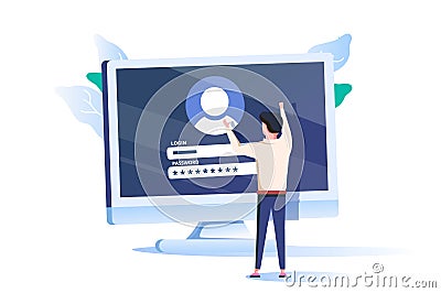 People register online set. Registration or sign up user interface. Users use secure login and password. Registration UI Vector Illustration