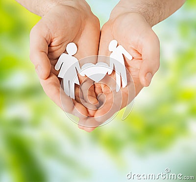 Male hands with paper couple pictogram Stock Photo