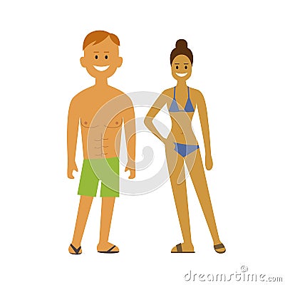 People relaxing at the beach. Characters in a flat style. A couple in swimsuits. Vector Illustration