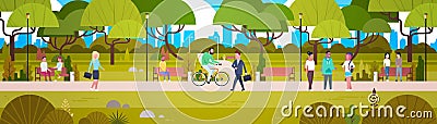 People Relaxing In Beautiful Urban Park Walking Riding Bicycle And Communicating Horizontal Banner Vector Illustration