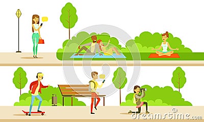 People Relaxing and Doing Sports in the Public Park, Men and Women Doing Yoga, Having Picnic, Skateboarding Vector Illustration