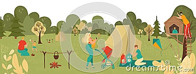 People relaxing in park with kids, parents playing with children, picnic and hiking in nature landscape in summer Vector Illustration