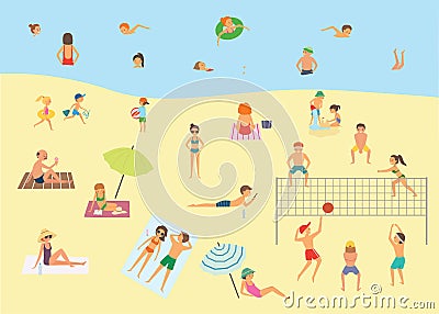 People relaxing on the summer beach. Vector illustration Vector Illustration