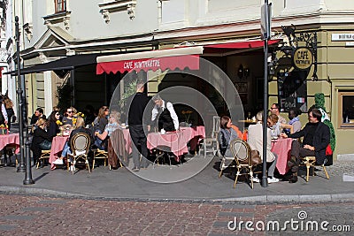 French style cafe terrace in the Old town of Vilnius, Lithuania Editorial Stock Photo