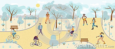 People relaxing, walking, cycling, skating in park Vector Illustration