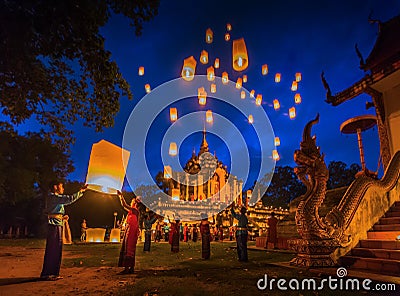 People release Khom Loi, the sky lanterns at Wat Phra Yuen. Editorial Stock Photo